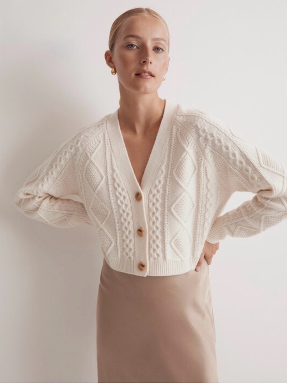 Madewell Cream Cable-Knit V-Neck Buttoned Cardigan